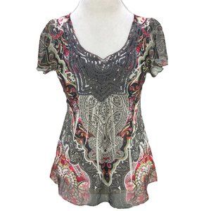 UNITY World Wear sequin short sleeve multicolored embellished top SZ Med petite